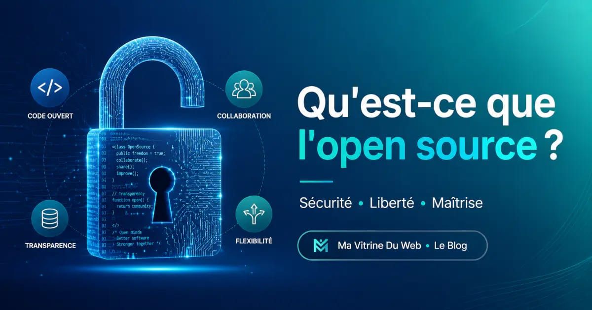 Illustration de l'open source avec code ouvert, sécurité, transparence et liberté d'évolution
